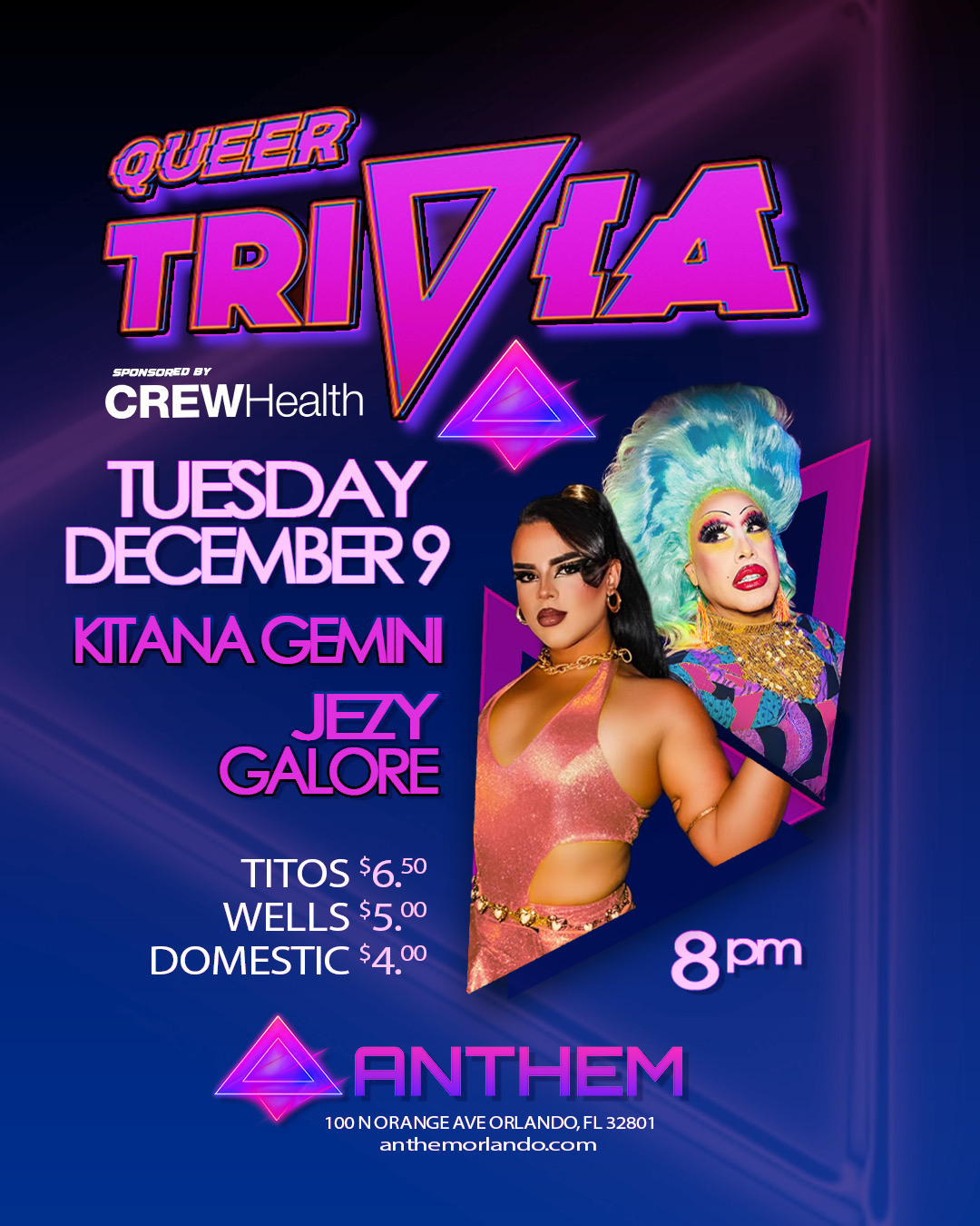 Get ready for a trivia night with flair, shade, and a whole lot of sparkle. Anthem is turning Tuesday into a full queer celebration with a trivia showdown hosted by the gorgeous and hilarious Kitana Gemini and Jezy Galore. Expect campy energy, wild questions, and the kind of chaotic fun only drag royalty can deliver.